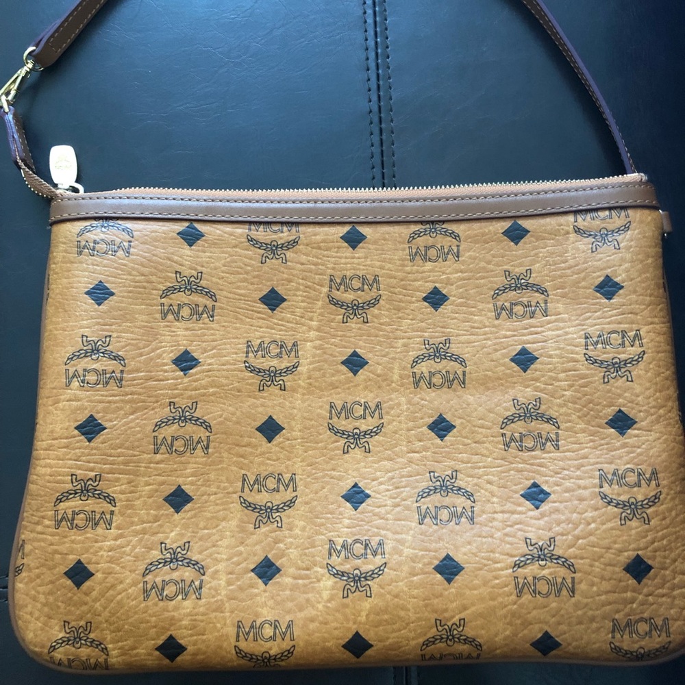 MCM zip pouch with shoulder strap